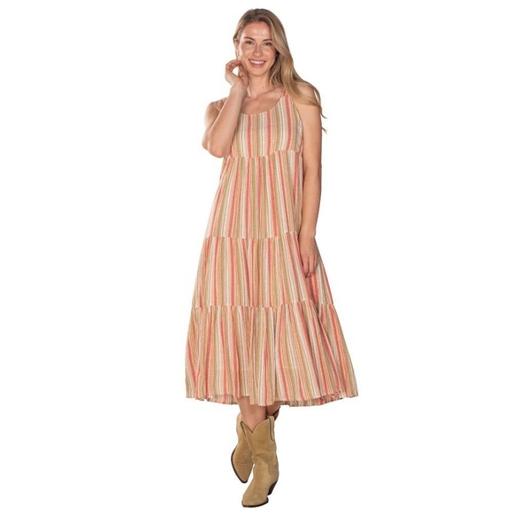 Linda Anderson Dresses & Skirts - Linda Anderson Rose Gold Metallic Striped Tiered Midi Sundress Women's L